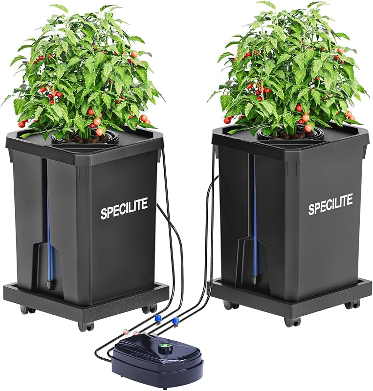 SPECILITE 7 Gallon 2 Buckets DWC Hydroponics Grow System with Wheels | Top Drip Kit, Deep Water Culture Recirculating Drip Garden System, Plant Stand with Air Pump, Air Stone, Air Hose