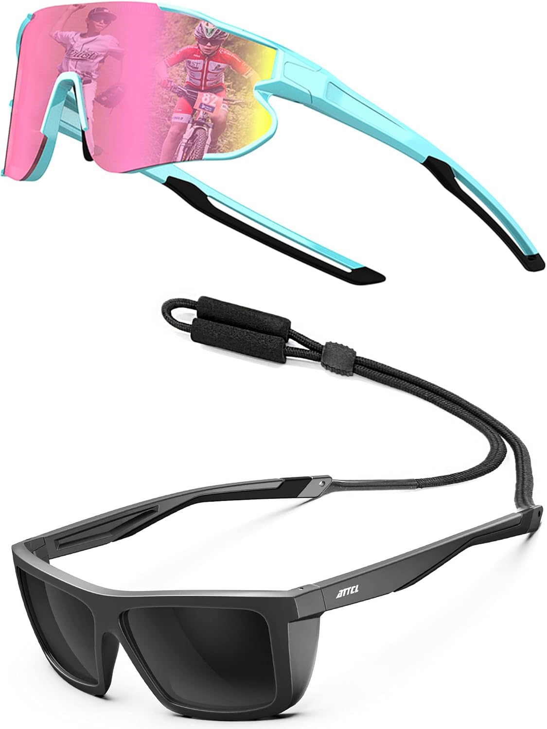 ATTCL Bundle Sports Polarized Sunglasses For Men Women Cycling Driving Fishing UV Protection Sunglass:(XQ548-Blue-Pink)+(1124-Back-All)