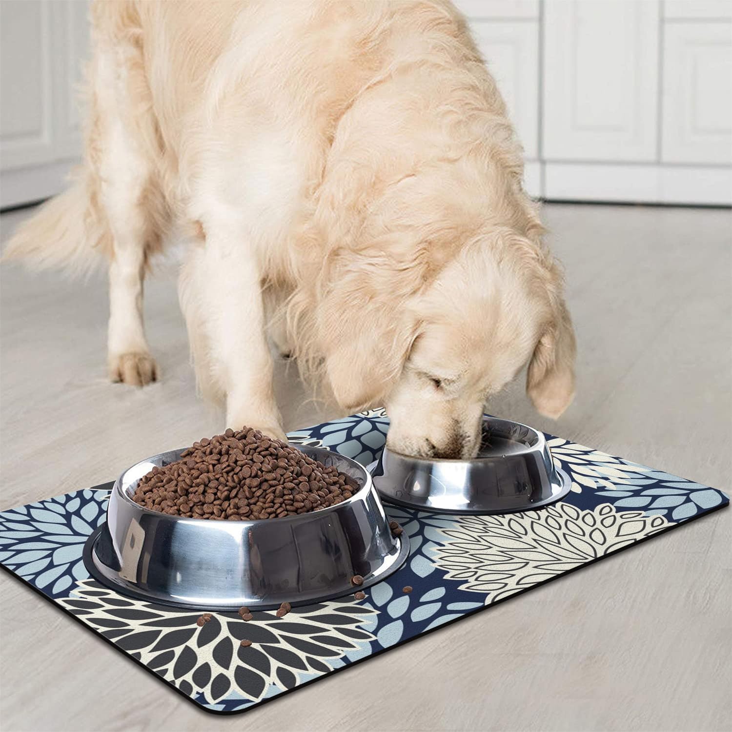Dog Food Mats for Floors, Absorbent and Quick-Drying Pet Cat Food Mat,Anti-Fouling and Easy-to-Clean Pet Feeding Mat,Dog Bowl Mat for Messy Drinking Water Bowls.17x27, Bohemia Dahlia Floral Style