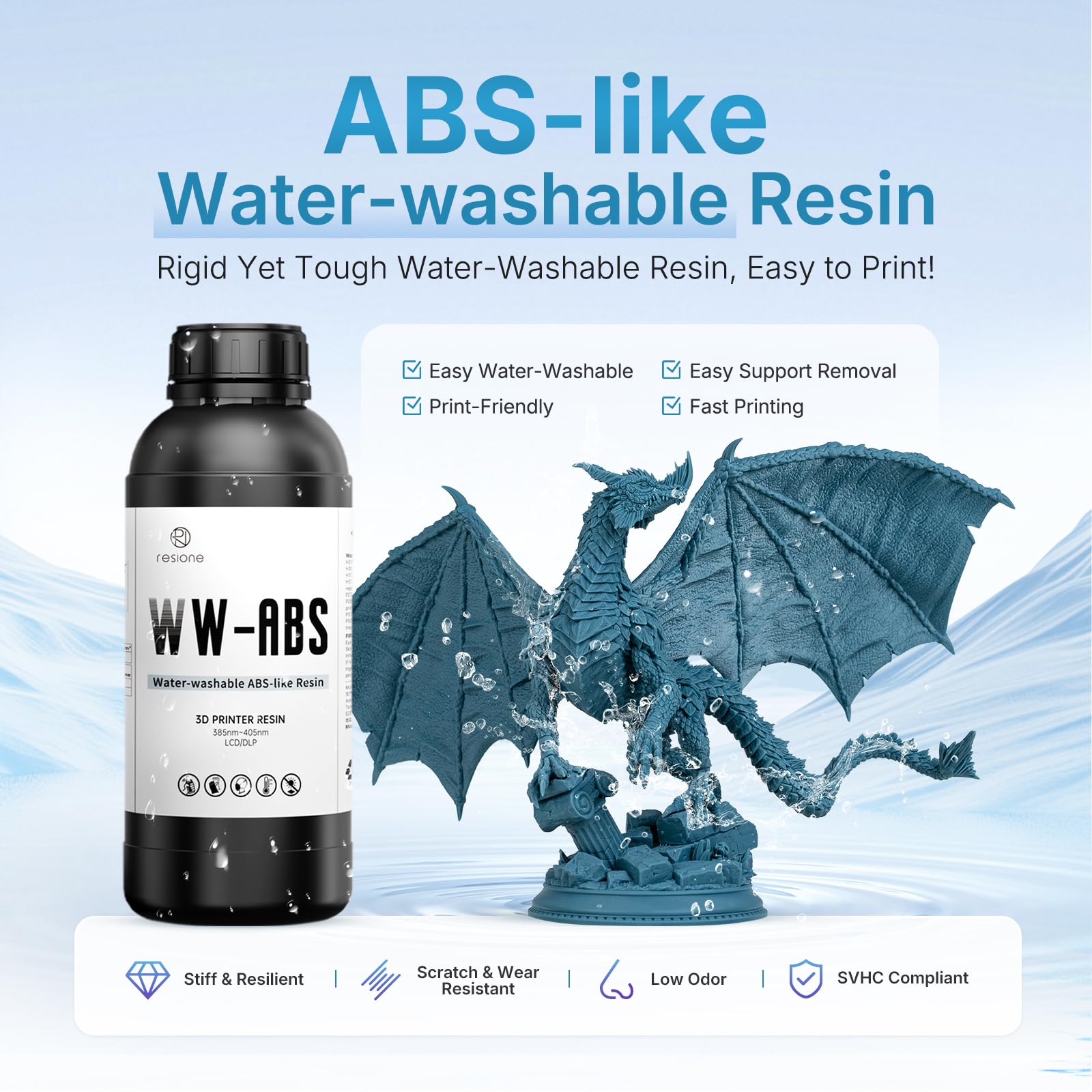 RESIONE WW-ABS żywica wodoodporna - żywica ABS, jak do drukarek 3D o wysokiej wytrzymałości i dużej wytrzymałości, o niskim zapachu, szybki druk do modeli, miniaturek i prototypów, szary 1kg