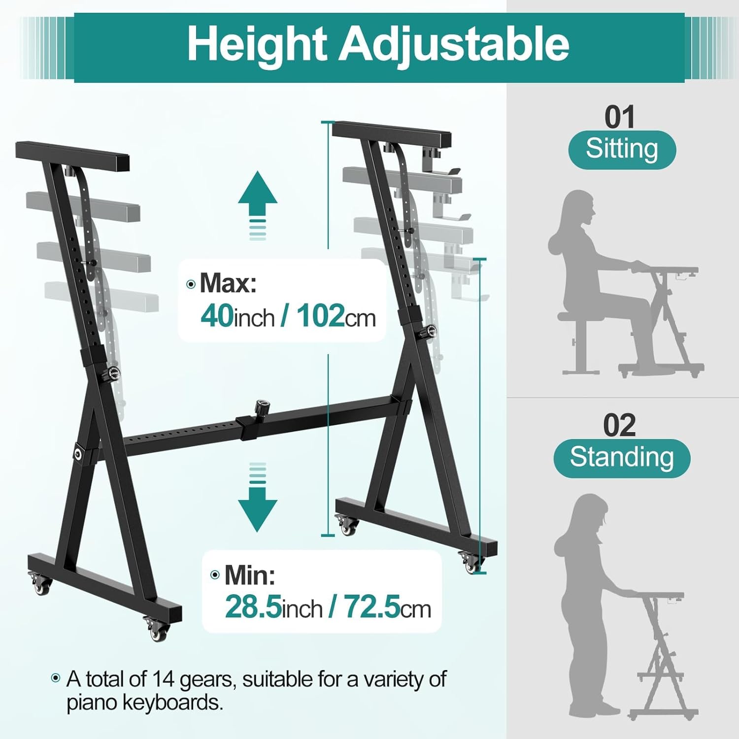 Stands Keyboard Stand with Wheels, Black Z Style Adjustable & Portable Rolling Digital Piano Stand Professional Sturdy Heavy Duty Fits 54/61/76/88 Keys Musical Electric Pianos