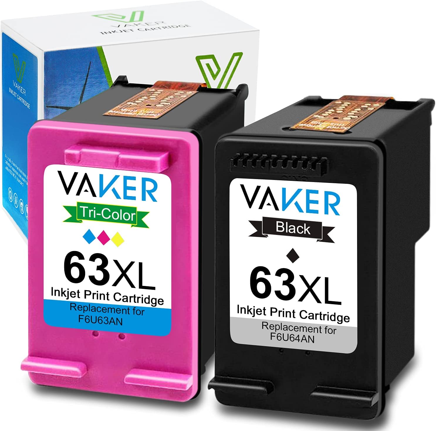 VAKER Remanufactured Ink Cartridge Replacement for HP 63 63XL Combo Pack for OfficeJet 3830 5255 5258 5200 4650 4655 Envy 4520 4510 DeskJet 3631 3639 Printer (1 Black 1 Tri-Color)