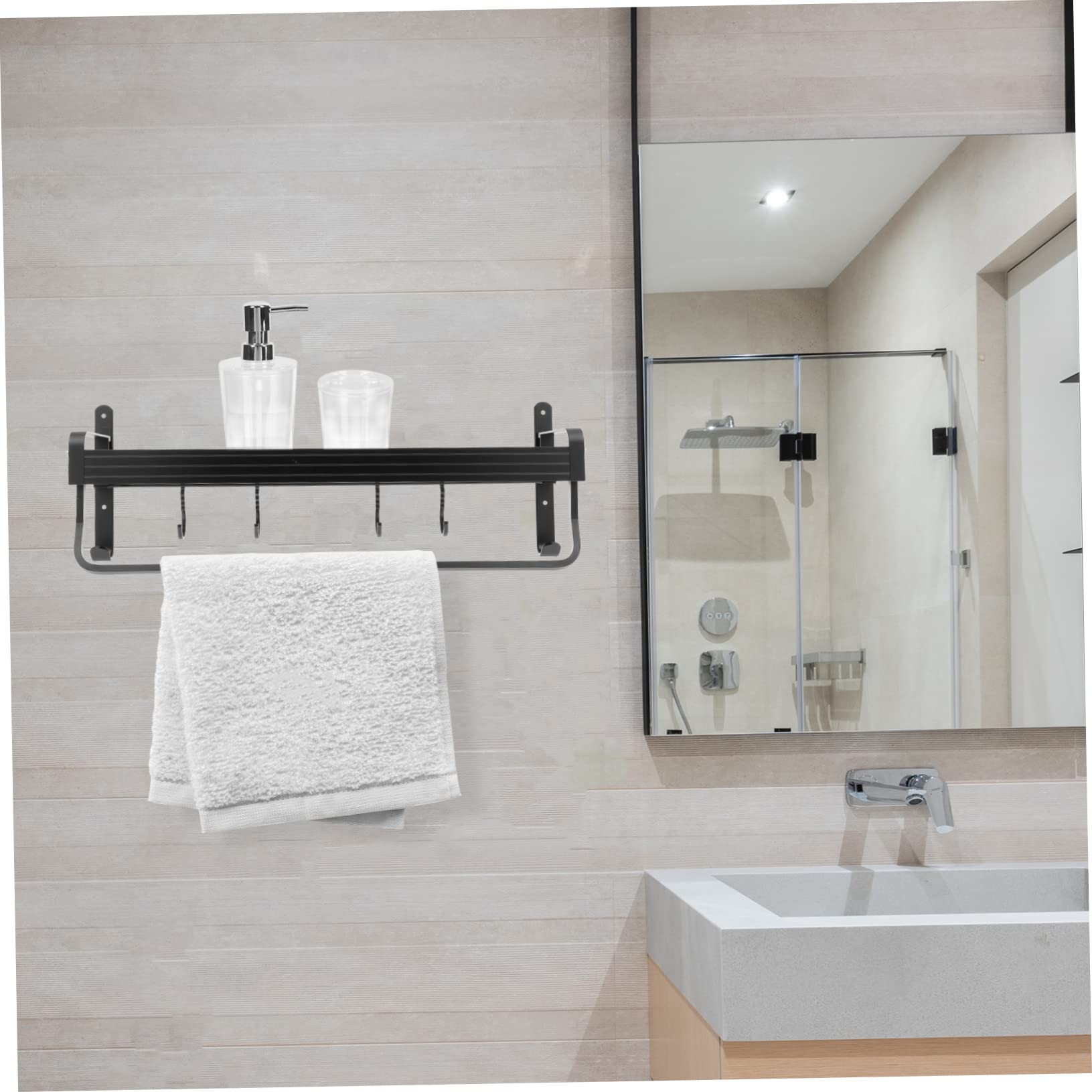 SOIMISS Estante de Almacenamiento Multifuncional para Baño 50 Cm Aluminio Negro sin Perforaciones Gancho Colgante Hogar Ducha Organizador sin Clavos
