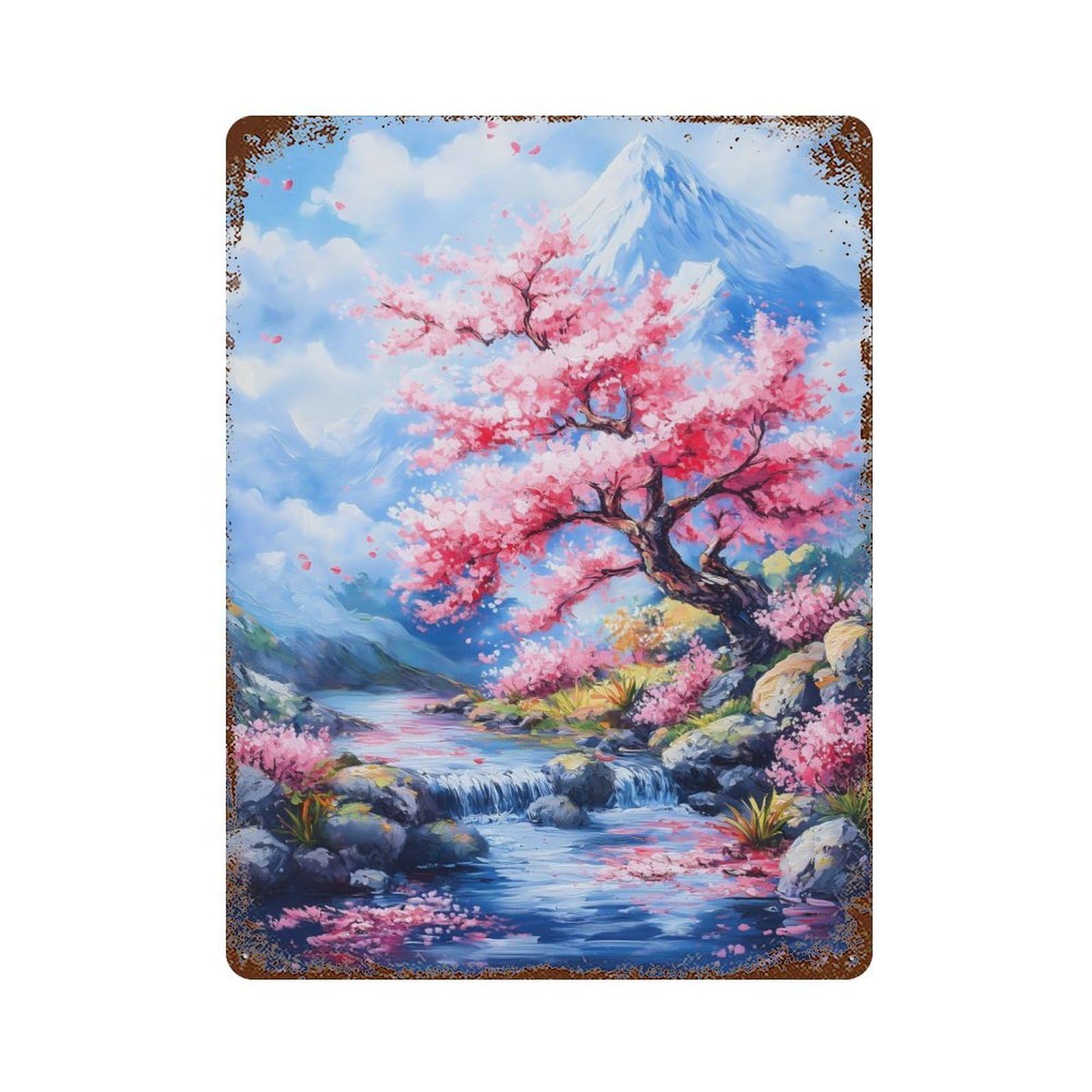 Distressed Metal Wall Sign Cherry Blossom Mountain Stream 15.7"x11.8", Vintage Wall Decor for Garage, Bar And Workshop Decor