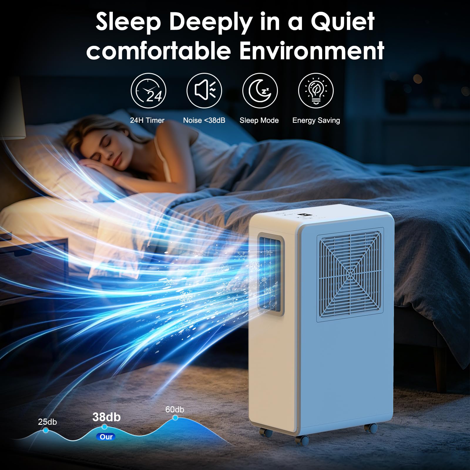 4-w-1 Przenośny klimatyzator z funkcjami chłodzenia, osuszania i wentylatora.Ultra Quiet Mobile AC Unit z 24H Timer do użytku domowego lub biurowego.