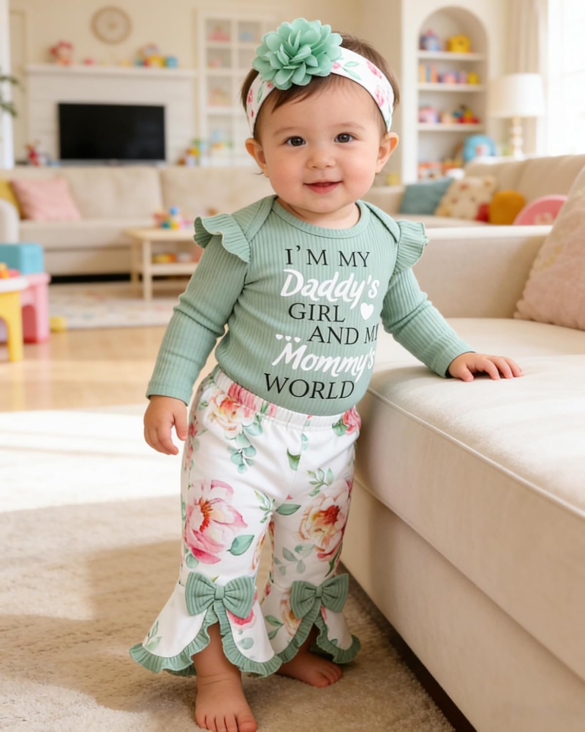 SUNNY PIGGY Newborn Baby Girl Clothes Infant Floral Outfits Bell Bottom Flowerpant Headband 0-18 Months Baby Girl Romper