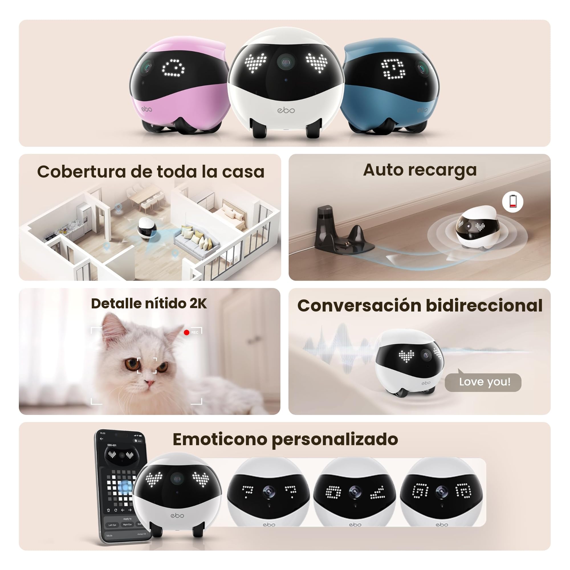 Enabot EBO Air 2 FamilyBot - Robot cámara para mascotas 2K, seguimiento de animales AI, gran angular de 137°, carga automática, almacenamiento local, para gatos y perros (rosa)