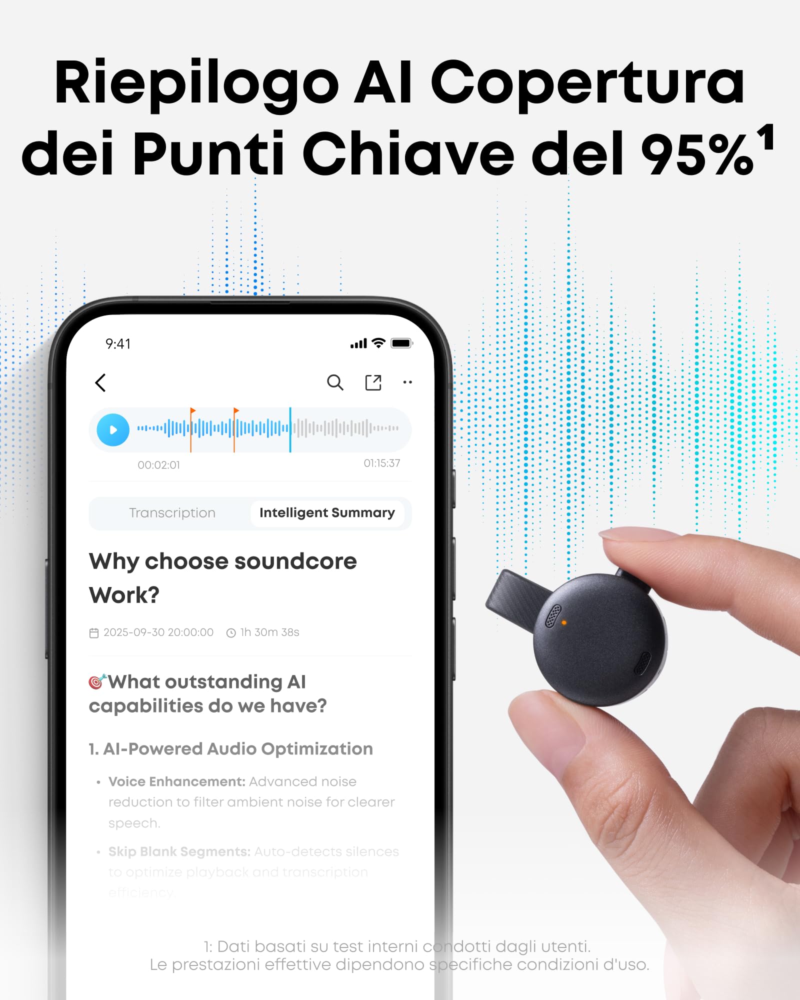 Soundcore Work di Anker, Registratore Vocale AI per Riunioni, 8GB, Nero | Trascrizione e riassunti automatici con AI, 150+ lingue, certificato MFi, 300 min/mese inclusi e USB-C, Indossabile