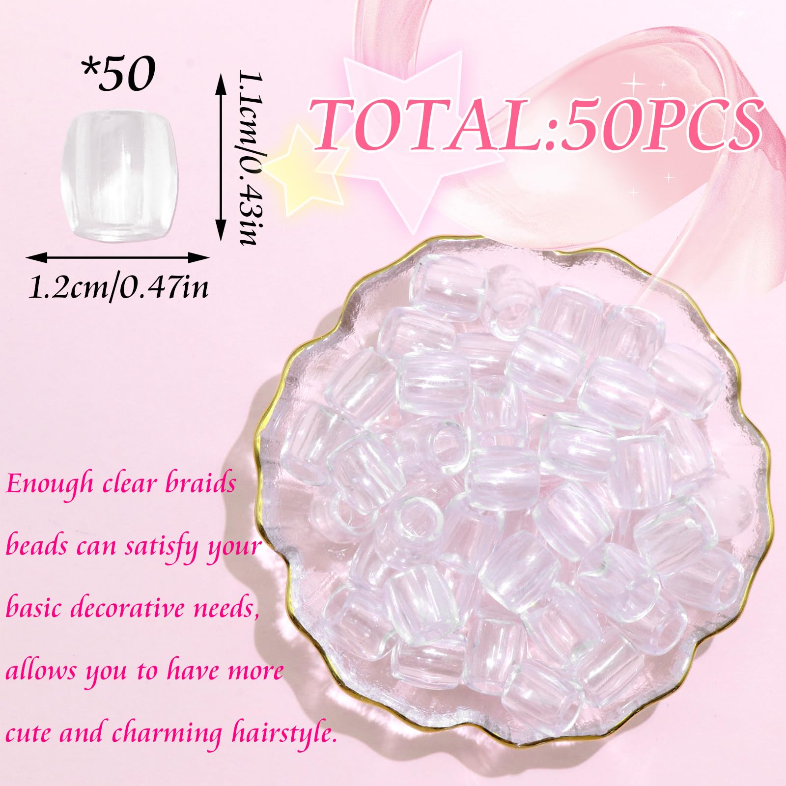Transparente Haarperlen, Jumbo-Perlen für Haare, niedliche Zöpfe, Acryl-Pony-Perlen für Kinder, Mädchen, Zöpfe, Zubehör, Armband, Schmuckherstellung, Set, Haardekoration, 50 Stück