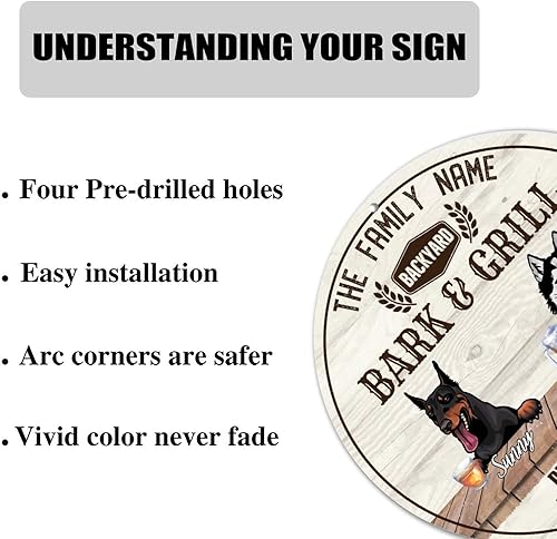 Miniatura 10 de Letrero redondo de metal para ladridos y parrilla, Doberman y perro toro francés, letrero de metal para cachorros, nombre de la familia, 12