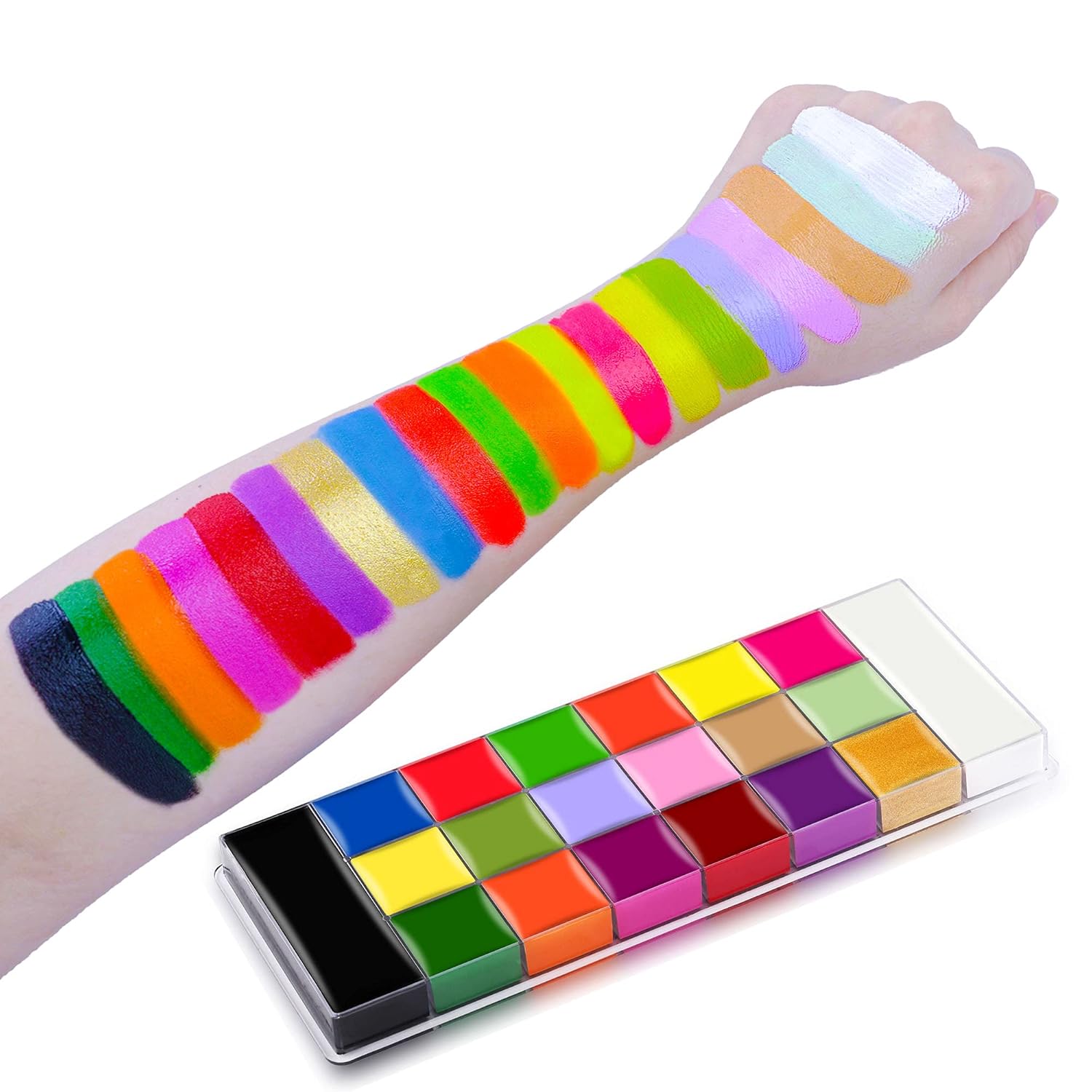 CCbeauty Professional Face Body Paint 20 Colors(14 Regular and 6 Glow Color) Halloween Neon Face Paint Oil Based SFX Cosplay Makeup Large Black White Face Painting Palette with 10 Black Brushes : Beauty & Personal Care