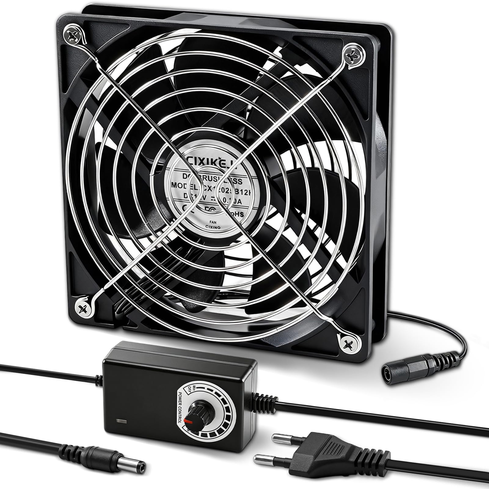 Ventilador de 120 mm para ordenador, 12 V, con protección de rejilla metálica, CA 220 V-240 V, control de velocidad ajustable, sin escobillas, ventilador de refrigeración para ordenador