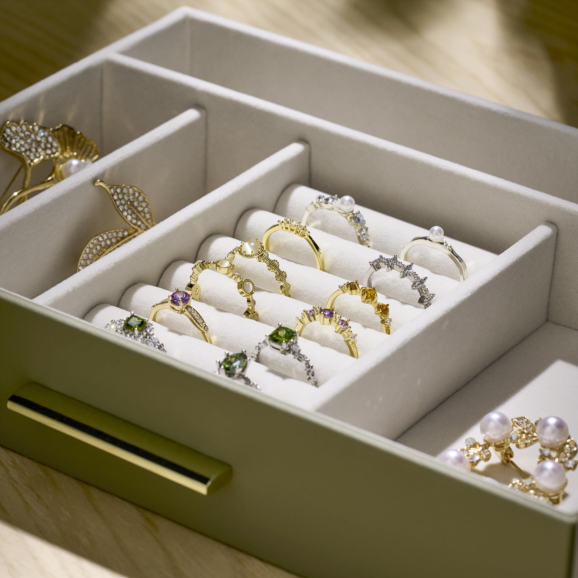Boîte à bijoux de rangement, 3 couches avec fenêtre en verre, vert