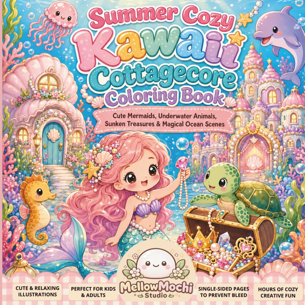 Summer Cozy Kawaii Cottagecore Coloring Book: Cute Mermaids, underwater animals, sunken treasures & Magical Ocean Scenes