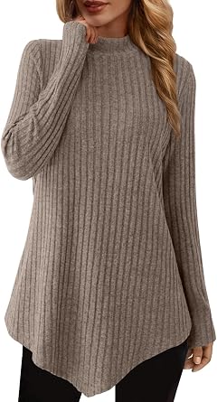 JUSTFASHIONNOW Mock Turtleneck Tops for Women Tunic Sweater Long Sleeve Top | Wear with Leggings, Loose Fit Dressy, Lightweight Cozy Sweaters, Asymmetrical Hem Shirts, Fall Winter Clothes 2026