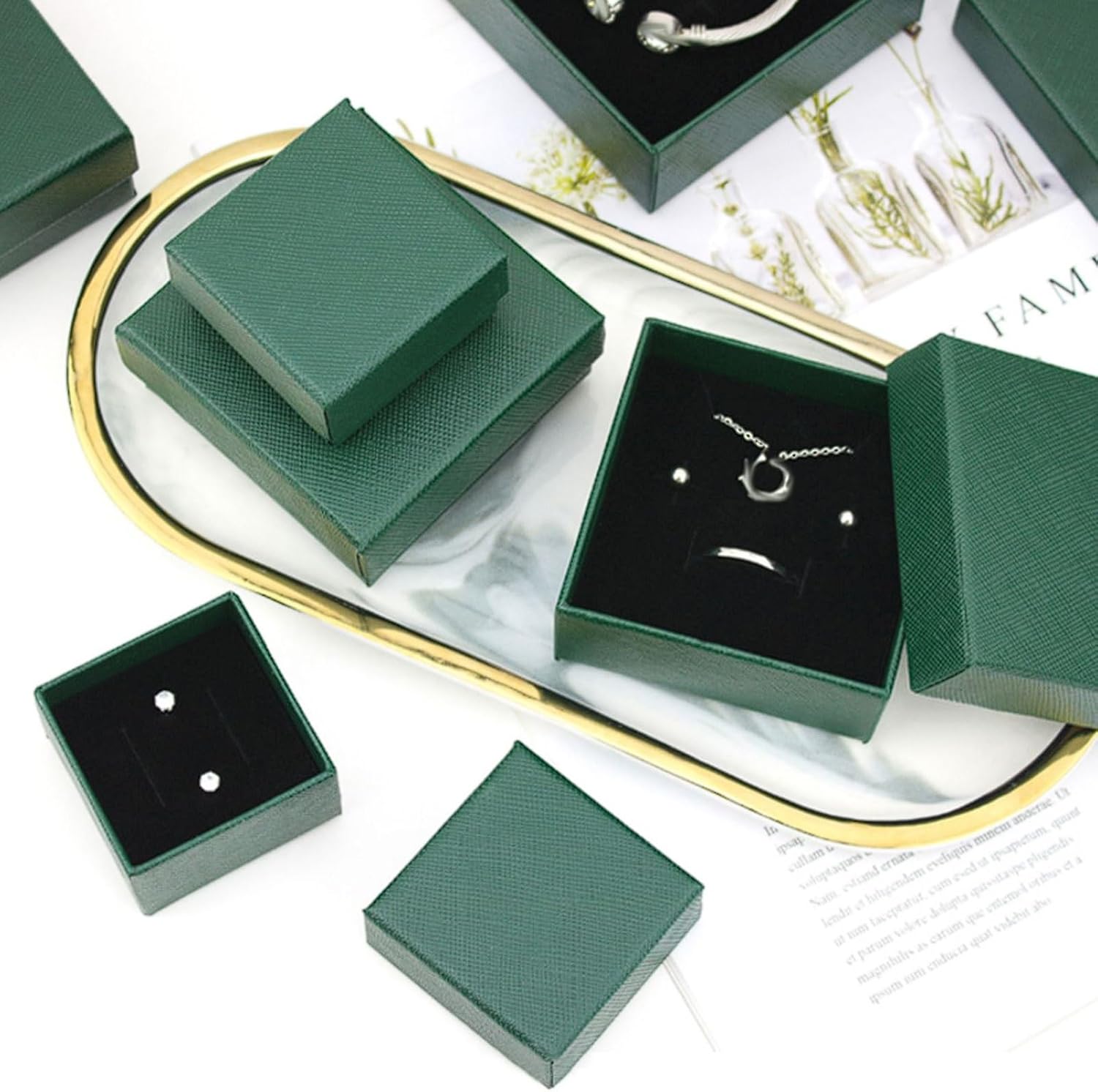Dark Green Bow Jewelry Box Set, 6-Piece Paper Packaging for Rings Necklaces Bracelets, Fleece-Lined Sponge Protection