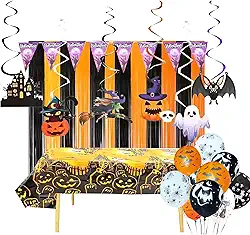 Kit Decoração Festa Halloween: Cortina + Toalha Mesa + Balões + Enfeite Teto + Bandeirinha = 20 Produtos Temáticos