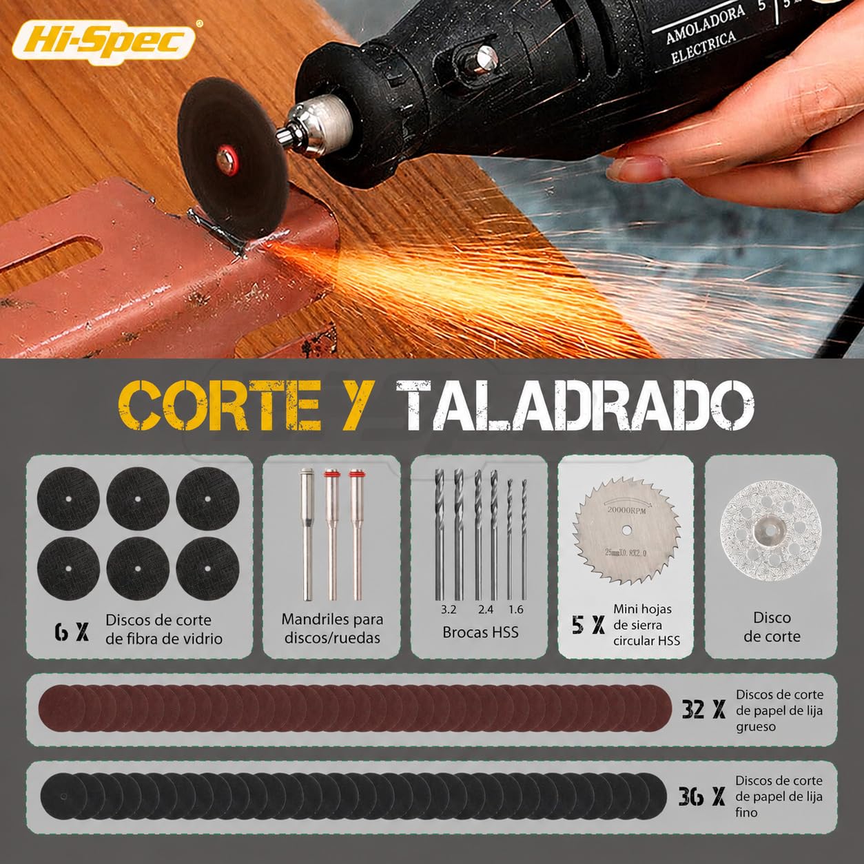 Hi-Spec Set de 305 Accesorios para Herramienta Rotativa. Compatible con portabrocas de 3.2mm. Lija, corta, pule, perfora y más. En un práctico estuche portátil