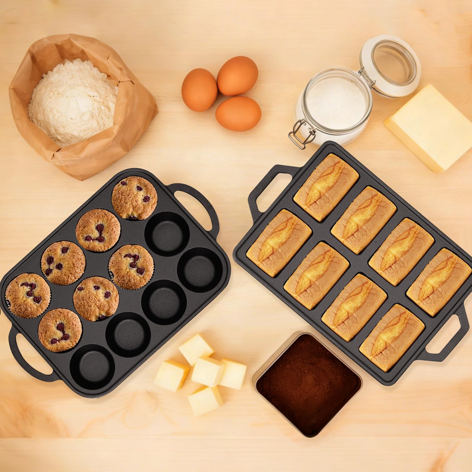 Flavehc Gusseisen-Muffinformen für 12 Tassen und Mini-Kastenformen aus Gusseisen, 8 Mulden, normale Größe, Cupcake-Form, vorgebrannte Kastenformen zum Backen