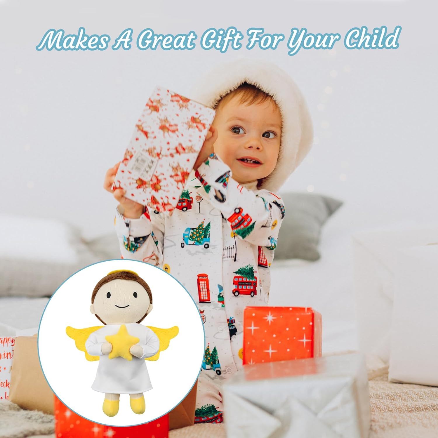 free-space Angel Plush Doll Boy/Girl Baptism Gifts Guardian Angel Doll Toy for Easter Christmas(Boy)