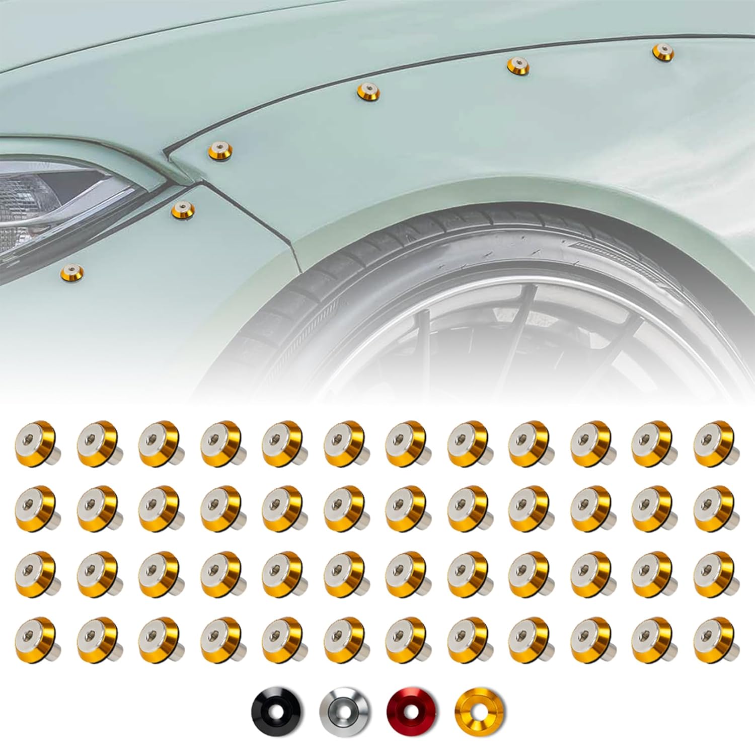 48-Piece M6 x 18mm OD Gold Tapered Anodized Aluminum Washer Bolt Kit, Hardware Kit for Widebody, Fender Flares, Bumpers, Mud Flaps and Engine Bay Dress-Up