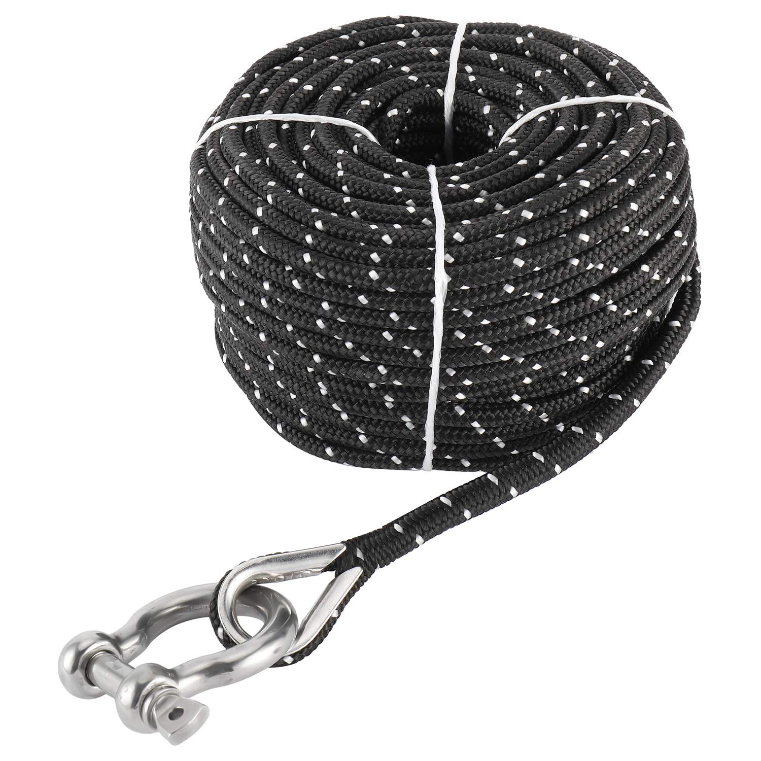NovelBee 3/16 Inch X 100 Feet Double Braid Nylon Anchor Line with Stainless Steel Thimble and Hook (Black/White)