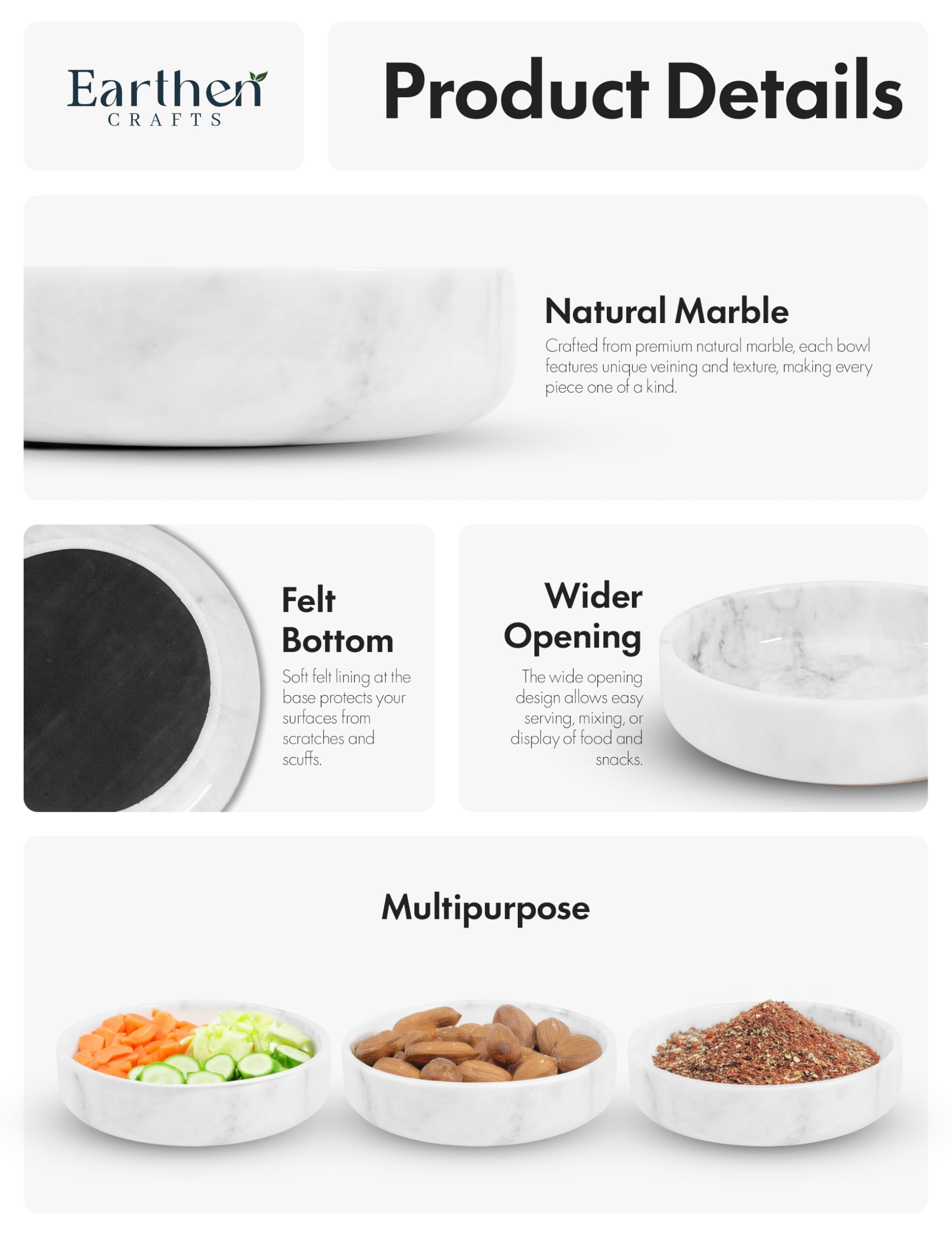 Bol de service en marbre de 20,3 cm, bol décoratif en blanc fait main pour le plan de travail de la cuisine, grand bol à bonbons pour la table basse et la décoration d'entrée