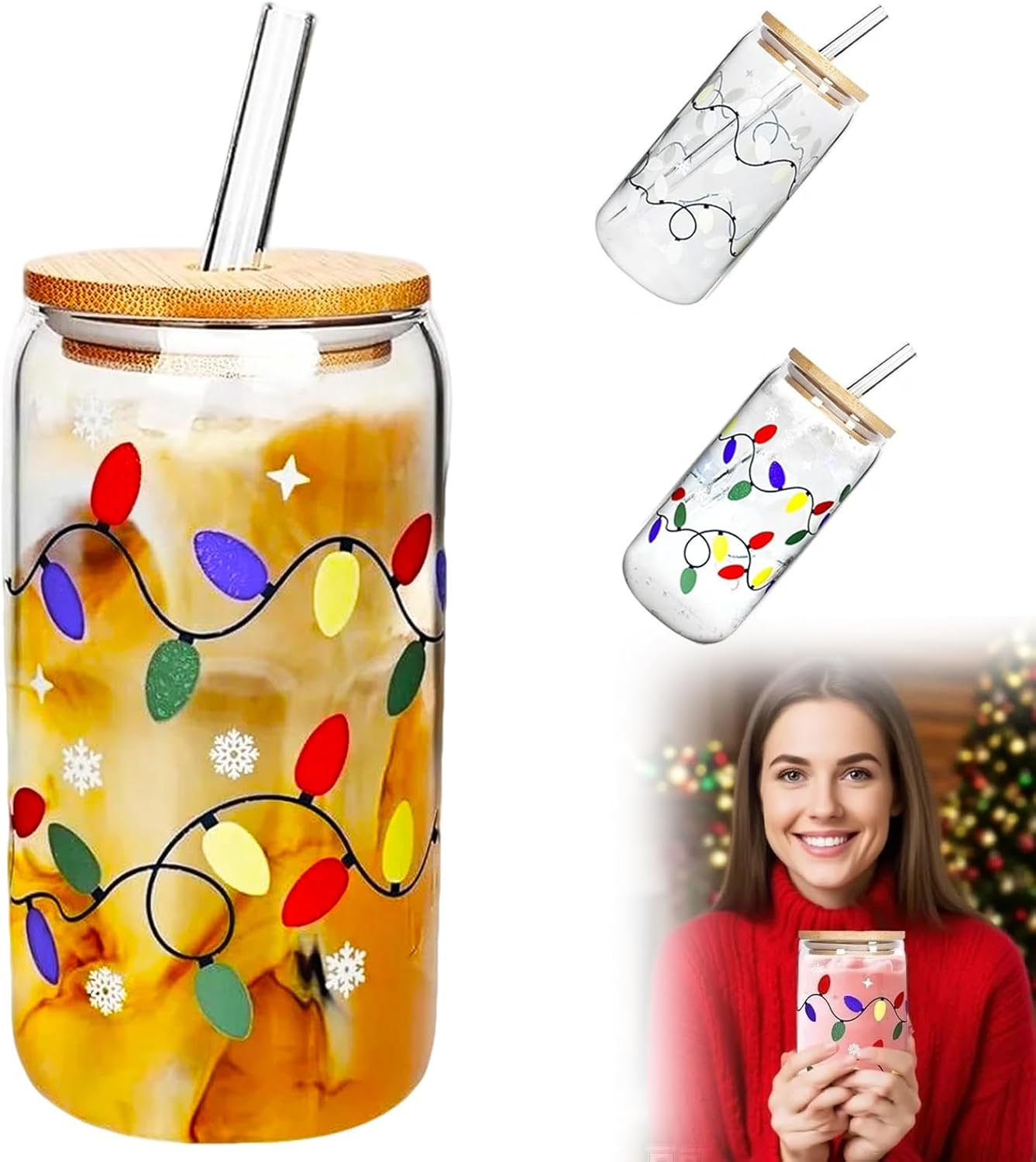 Color Changing Christmas Cup, Christmas Glass Cups with Lids and Straws, 18oz Iced Coffee Cup, Reusable Travel Coffee Mug for Holiday Gifts