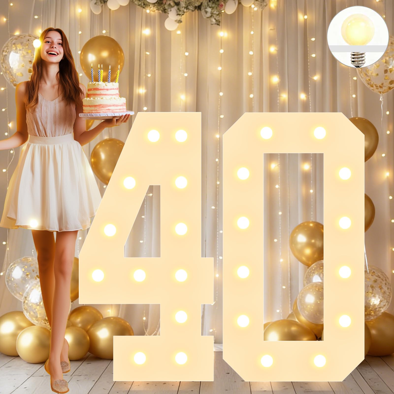 Vimlits Large 4FT Light Up Numbers Birthday Decoration, White Marquee Number Sign for 40th Party Anniversary Backdrop Wedding Big Mosaic Number Frame Foam Cardboard Pre-cut Number 40 — image 1