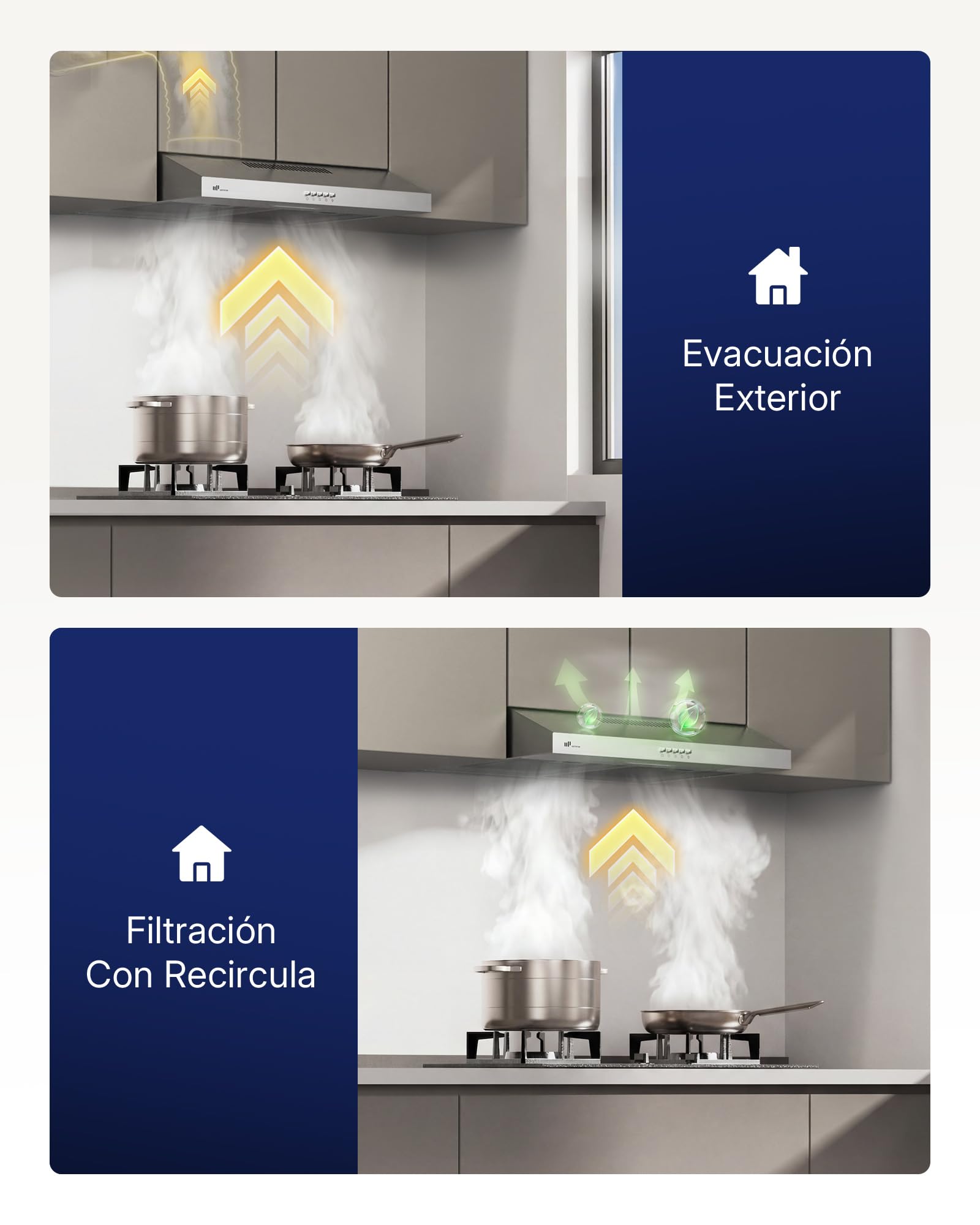 Upstreman Campana Extractora 60 cm，Classe A+++, 3 Niveles Recirculación (220 m³/h), Extraído & Recirculado con Filtro de Carbón,61 dB, iluminación LED 1,5 W, Acero Inox, HU60
