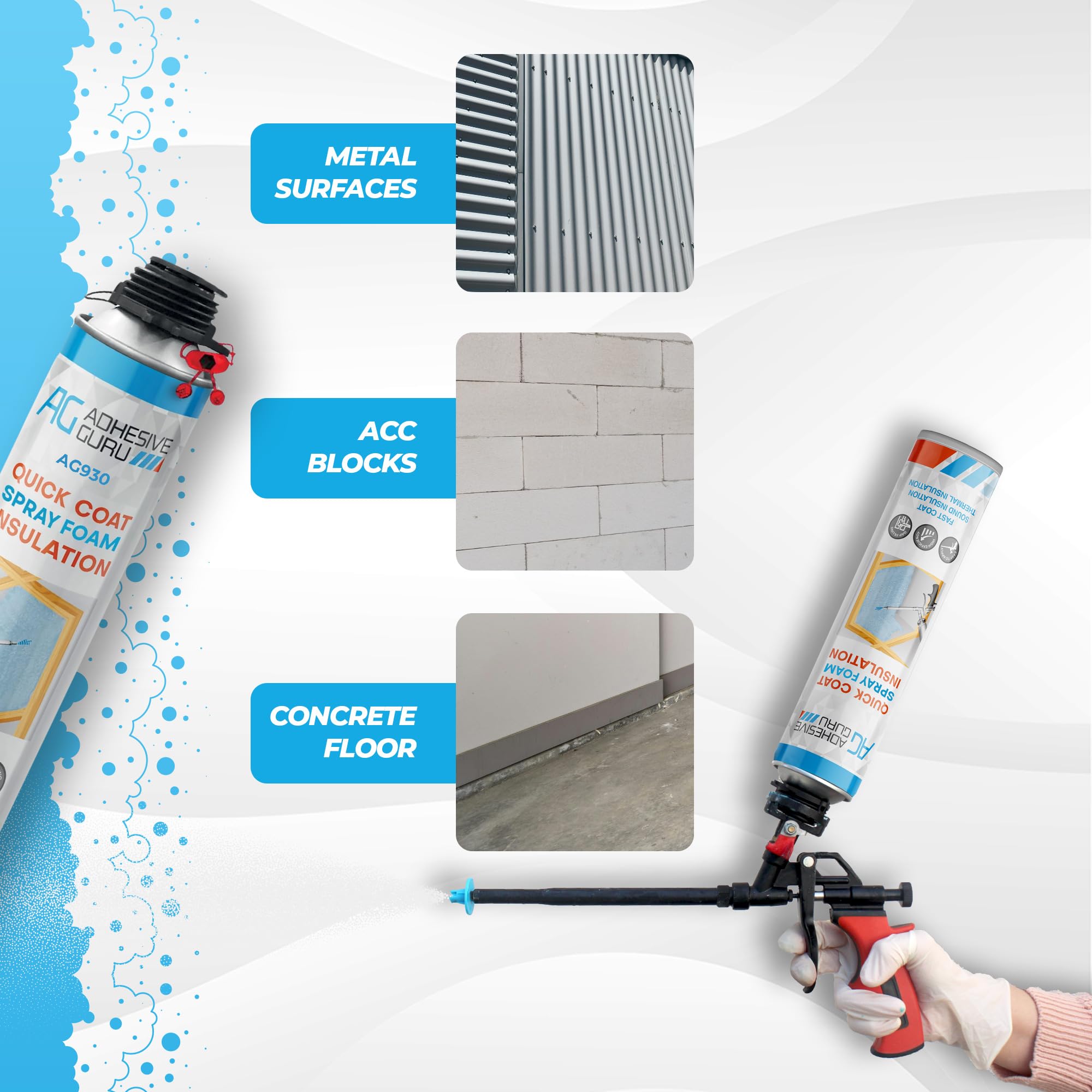 Adhesive Guru - Kit de aislamiento de espuma en aerosol (12 x 32.80 oz/930 gr - 240 Bd Ft) Aislamiento térmico de celda cerrada y spray acústico, adhesivo autoexpandible con limpiador de espuma y