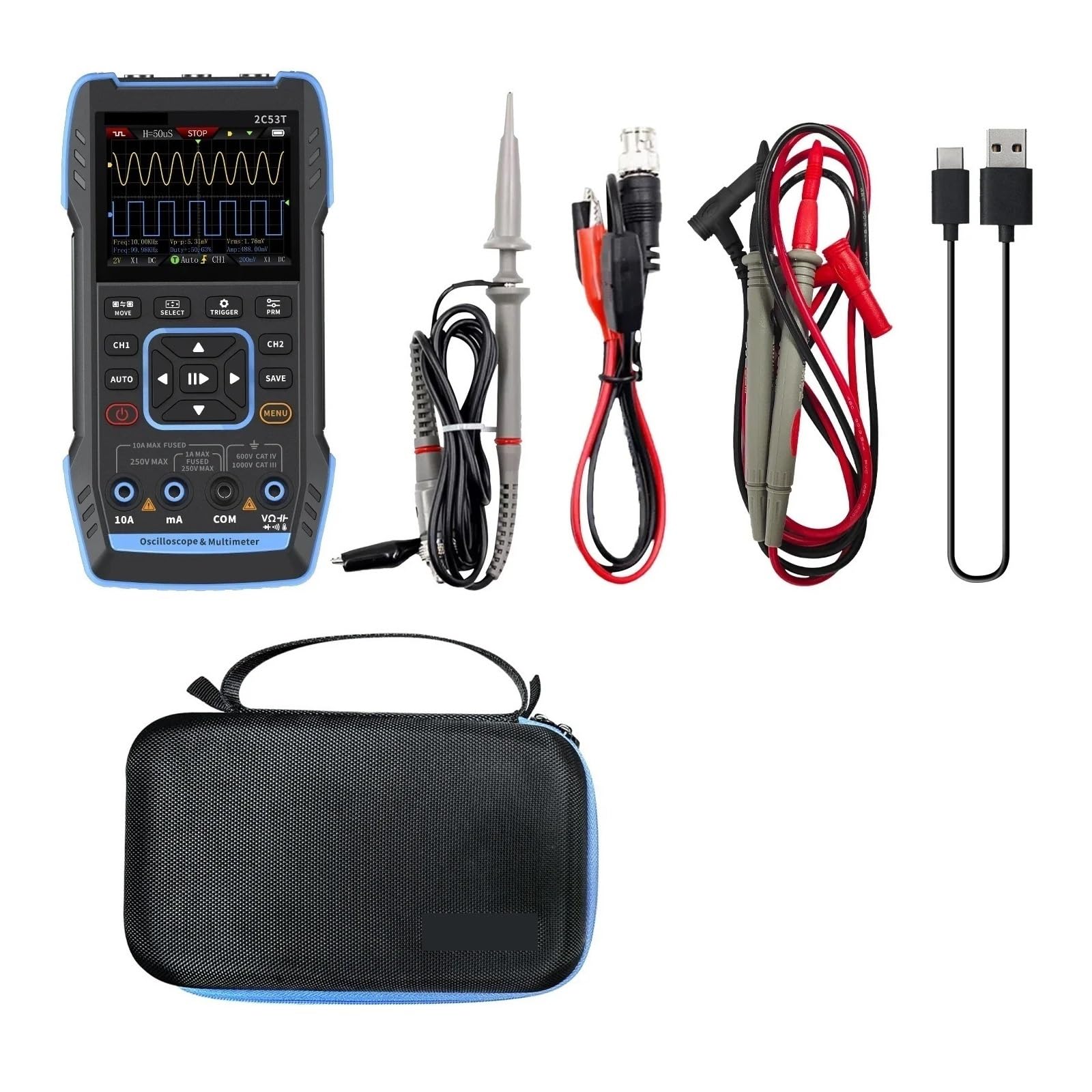 Oscilloscopio portatile, Aggiorna oscilloscopio digitale 3 in 1, multimetro e generatore a 2 canali da 50 MHz(2C53T 1PCS P6100)