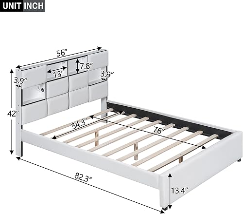 Miniatura 2 de Linique Cama tapizada de lino de tamaño matrimonial con luces LED, marco de cama de plataforma de pino con cabecera de almacenamiento y puertos USB,