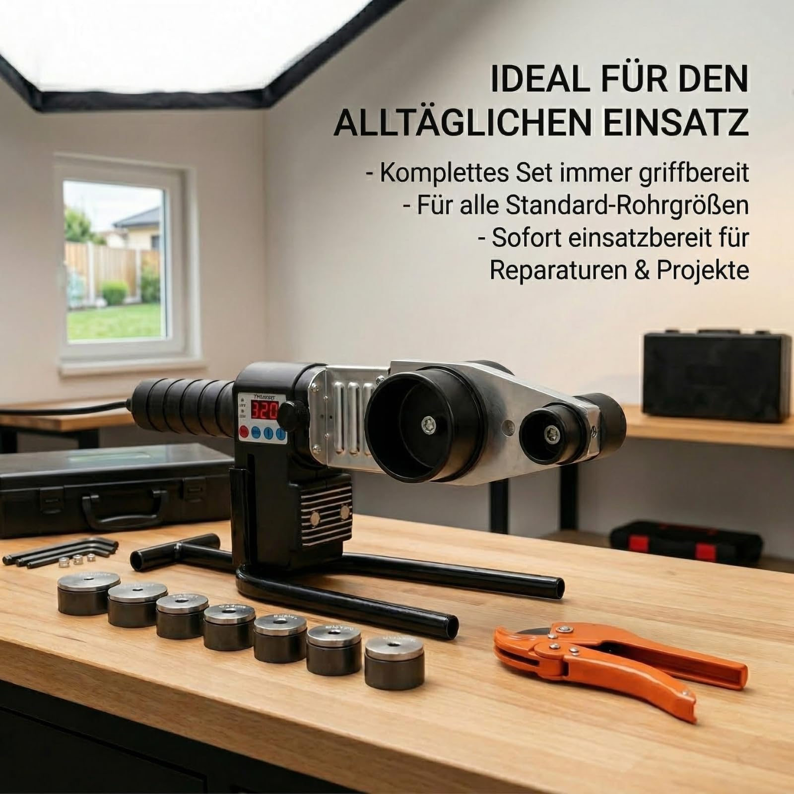 Muffenschweißgerät für PP/PVC Rohre, Profi Rohrschweißgerät mit Digitalanzeige, 2800W - Digital 0-320 °C, 7 Aufsätze Ø16-63 mm, inkl. Rohrschere & Koffer, für Heimwerker & Profis