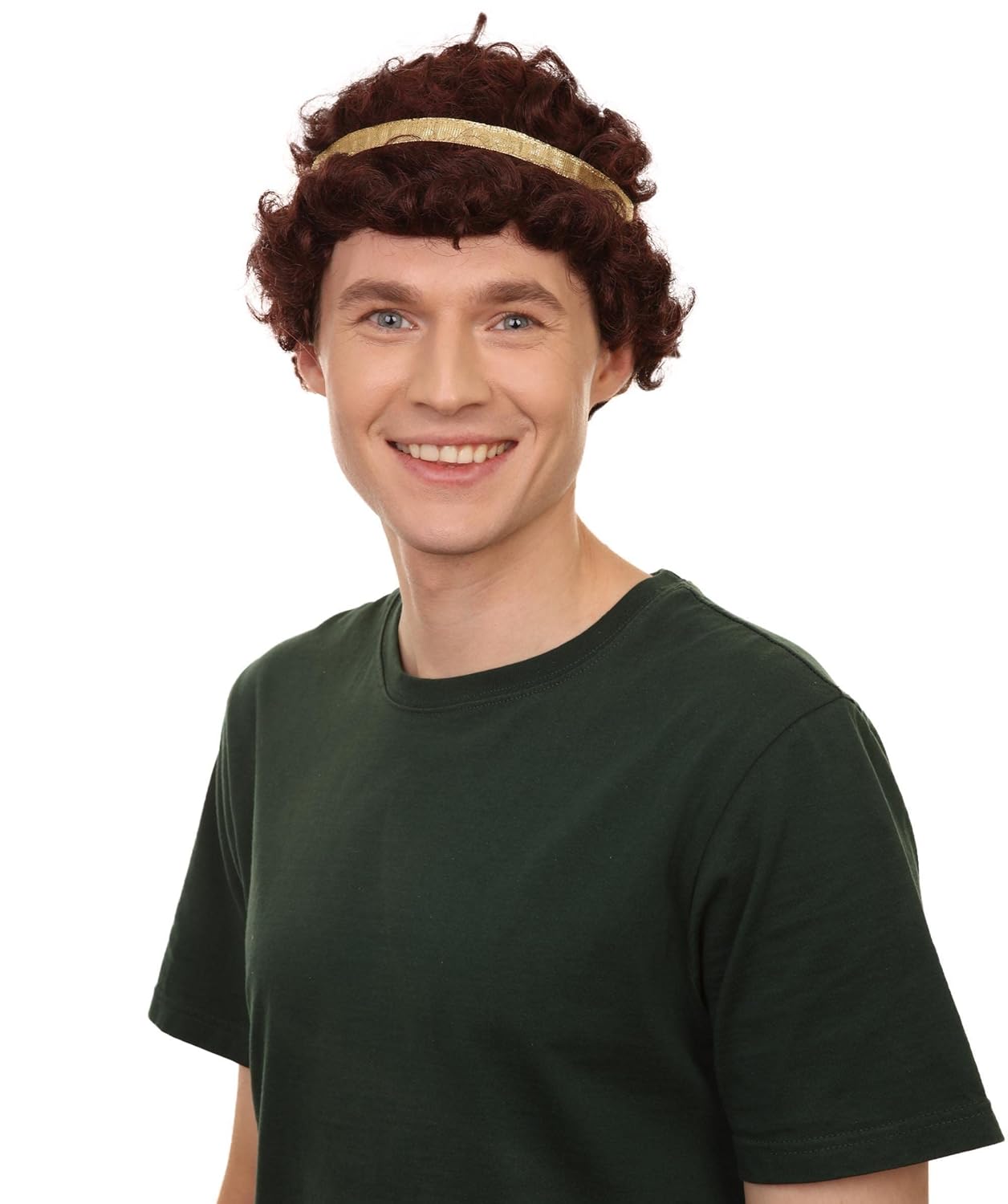 Adult Men's 9" Inch Short Length Curly Brown Halloween Cosplay Anime Costume Wig with Gold Band, Synthetic Soft Fiber Hair, Perfect for your next Festival and Group Anime Party! (Brown)