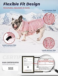 SPACE LION Dog Puffer Jacket, Down Winter Coat, Durable Outdoor Coat for Cold and Windy Conditions, Lightweight & Adjustable Fit Coats for Medium Dogs, (RedStripe, Size 14 Gift Box)