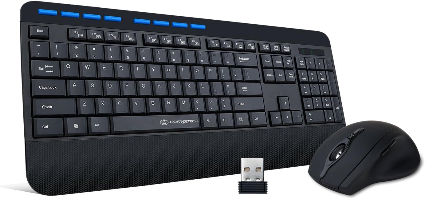 Wireless Keyboard and Mouse Combo with Wide Palm Rest 2.4 GHZ Fullsize Office Keyboard Comfortable Typing Long Battery Life, Black, Gofreetech