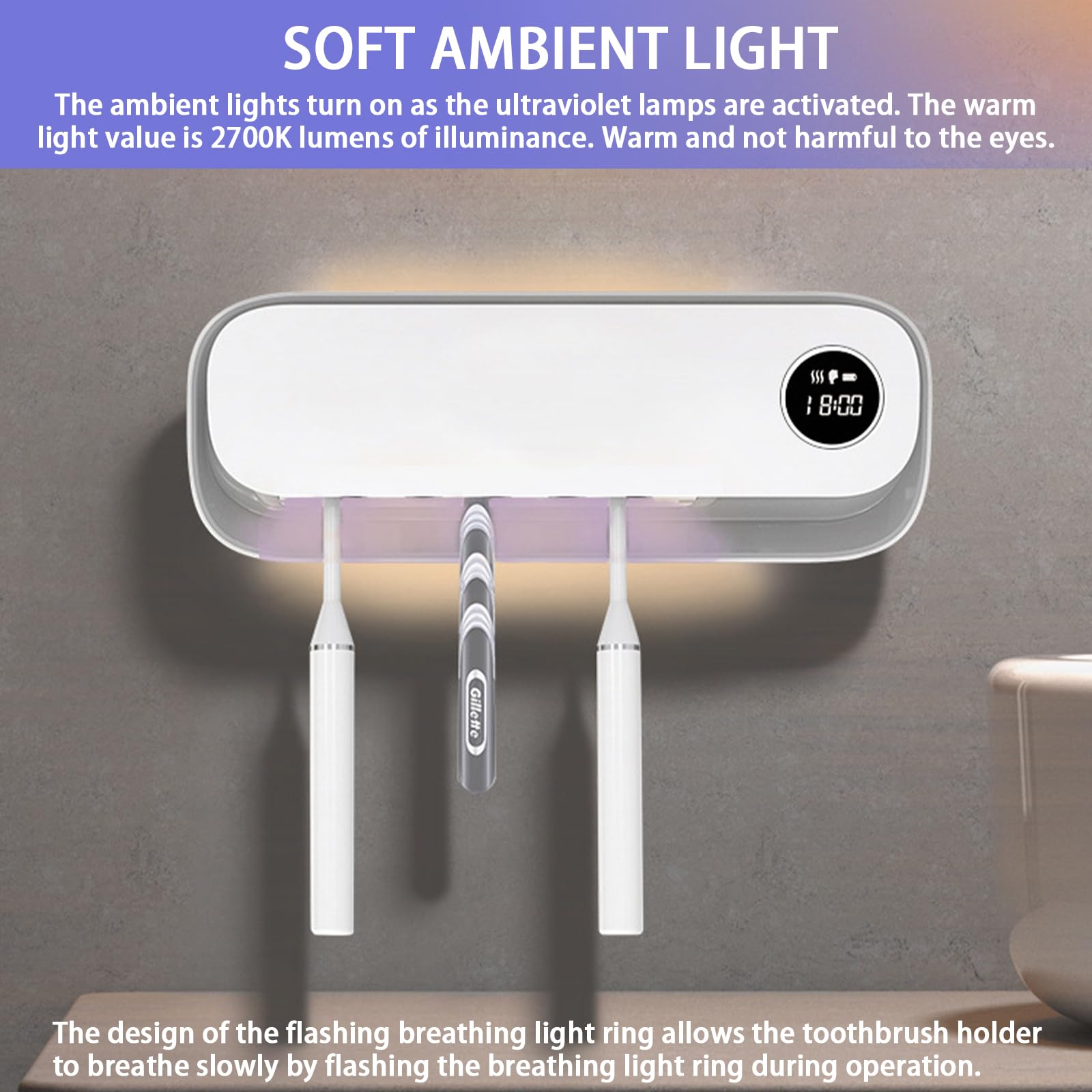 Soporte para cepillo de dientes para baño, soporte inteligente para cepillo de dientes con limpieza/secado/temporizador, 5 ranuras para cepillos de dientes montado en la pared con luz nocturna