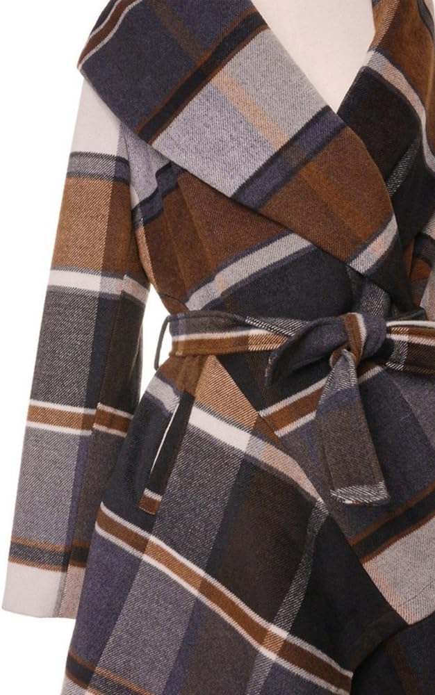 CHICWISH Women's Turn Down Shawl Collar Earth Tone Check Asymmetric Hemline Wool Blend Coat - Image 3