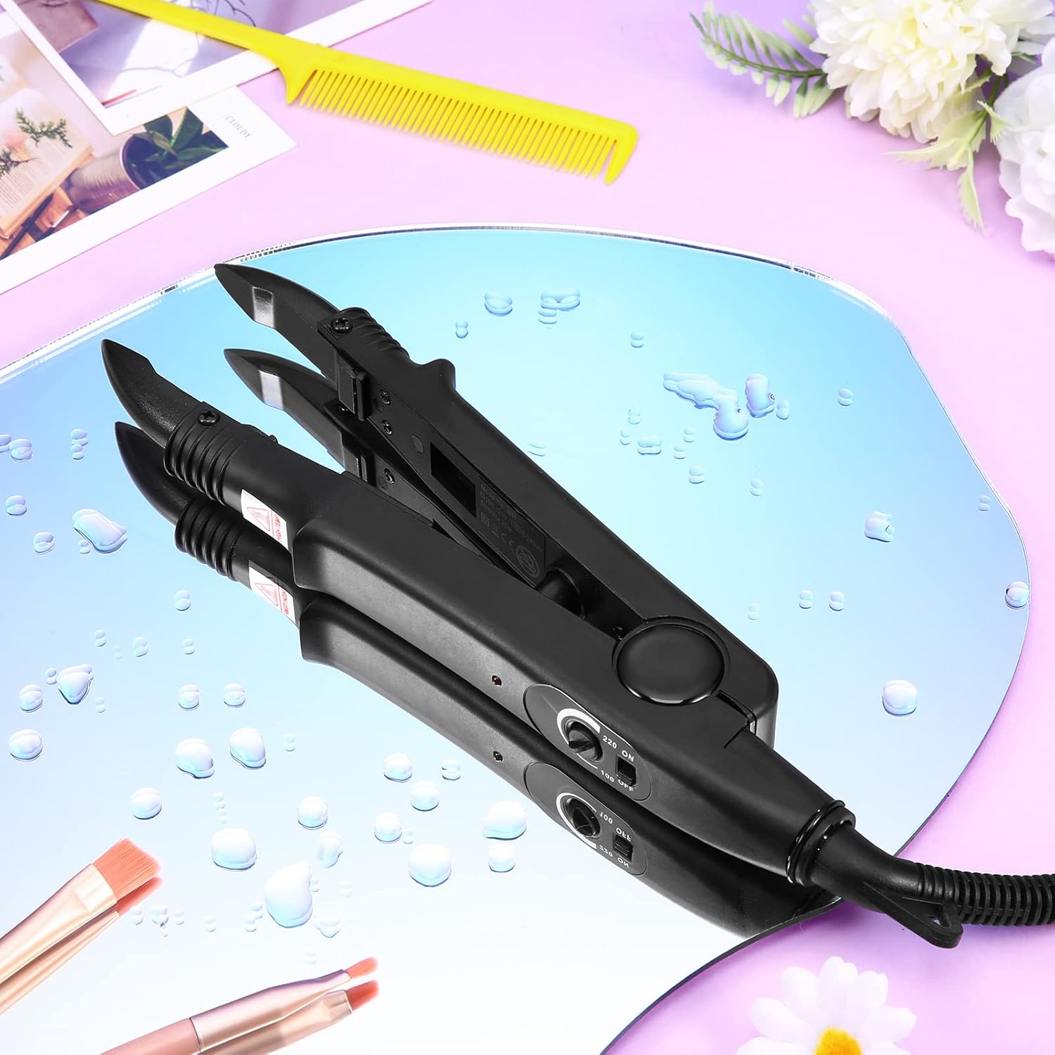 Keratin Hair Extension Kit: Heat Iron, Keratin Glue Granules, Protector Templates, Hair Clips, and Finger Protector(Black)