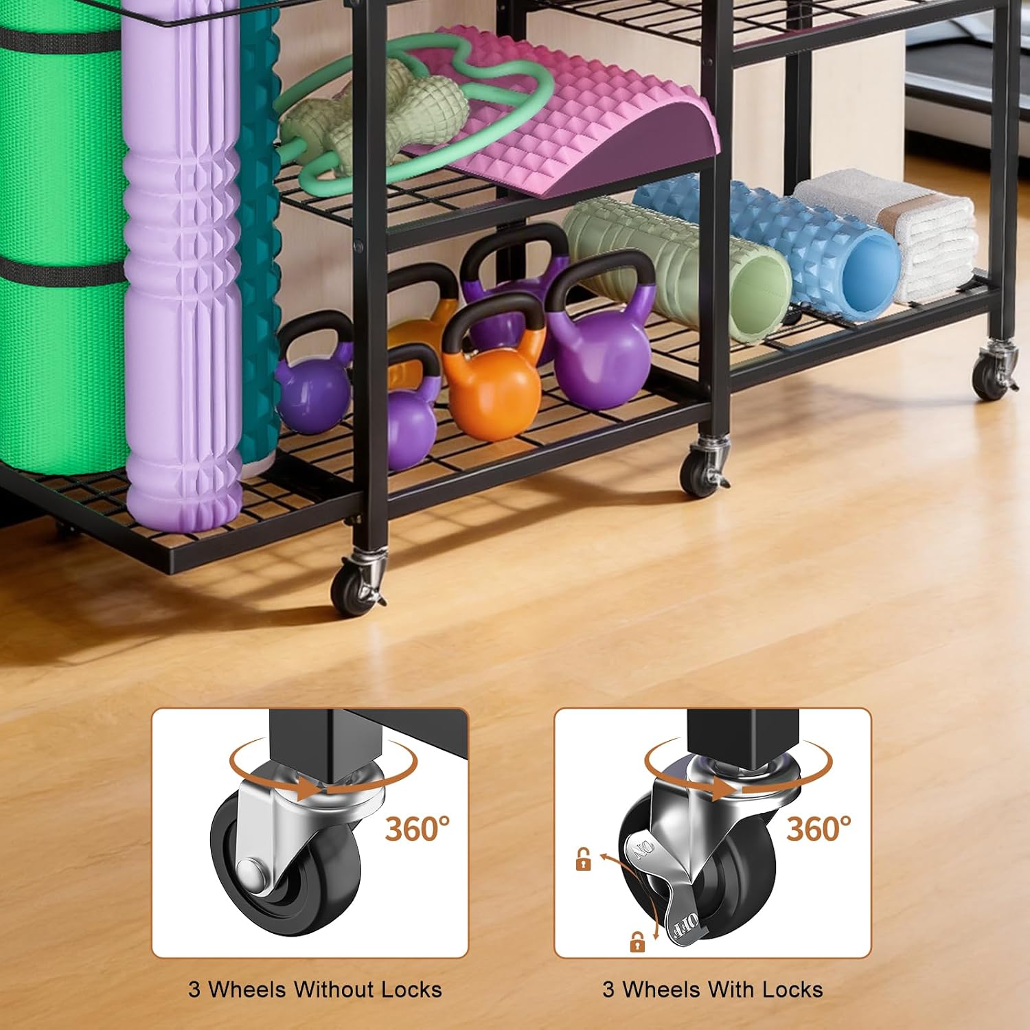 6-Tier Home Gym Storage Rack with Wheels, Dumbbell Rack, Yoga Mat Storage Holder, Adjustable Weight Rack for Dumbbells Kettlebells Yoga Mat, Workout Equipment Storage Organizer Stand