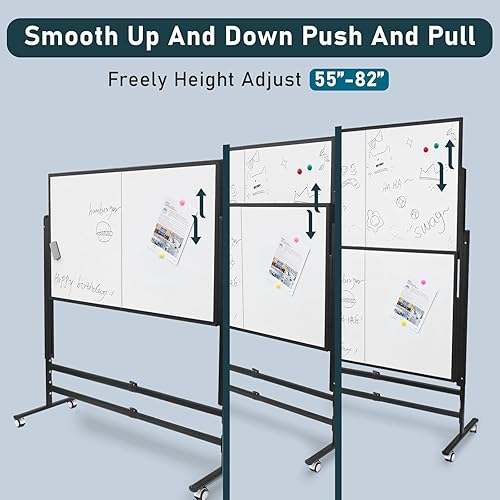Miniatura 2 de Pizarra blanca grande de borrado en seco de 72 x 60 pulgadas | Caballete de pie ajustable en altura con ruedas | Tablero magnético de doble cara