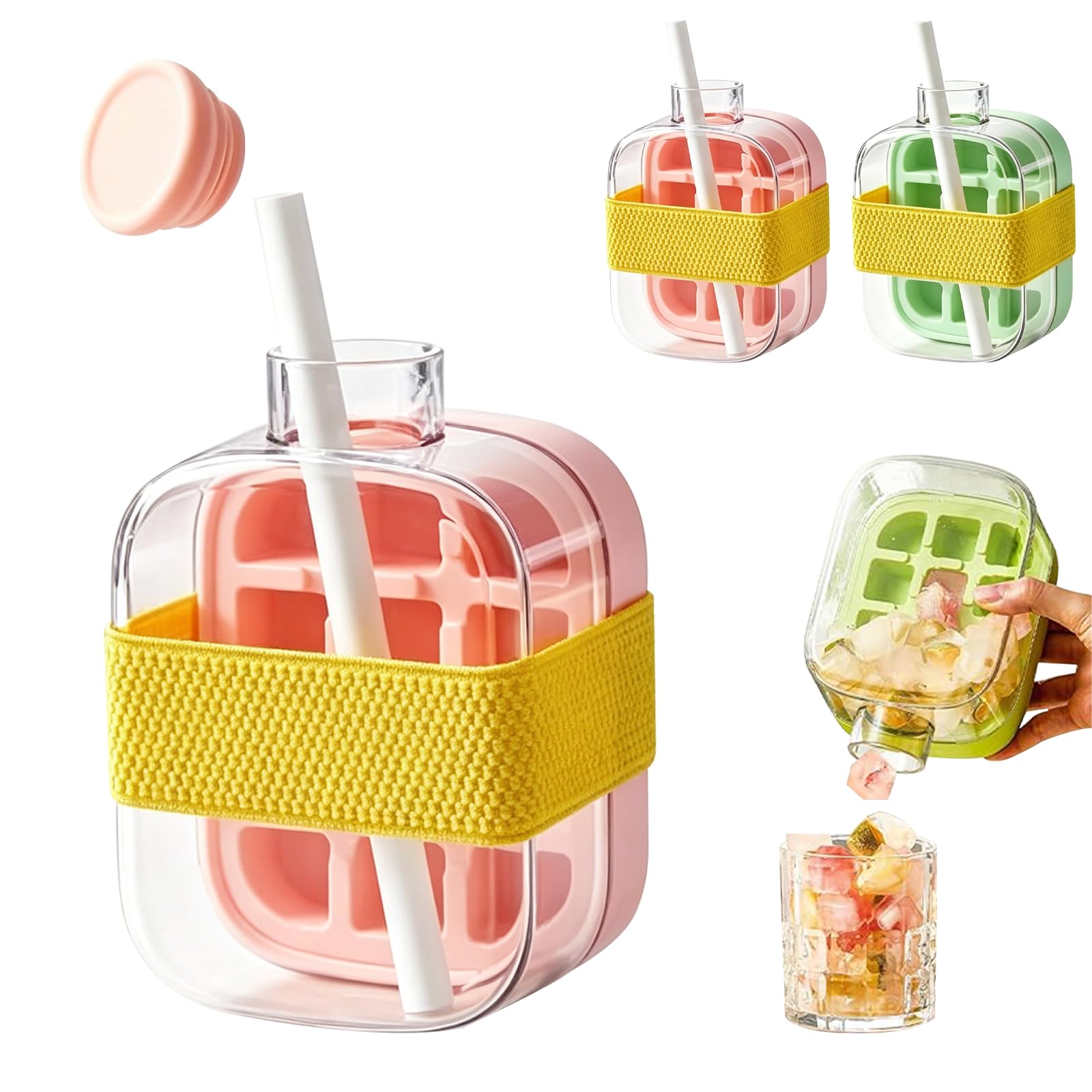 2 in 1 Ice Cube Water Bottle Ice Tray with Lid, Portable Icecube Making Bottles, Touch-Free Icecube Tray, Ice Mold for Freezer,Coffee, Juice,and Beverages (Pink)