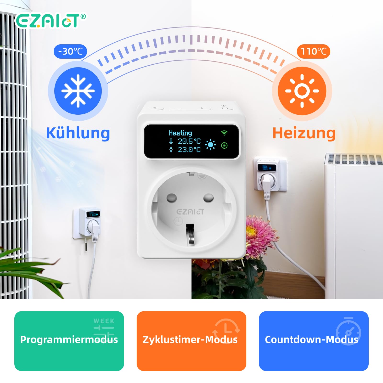 Steckdosen-Thermostat WLAN - Heizung/Kühlung und Zeitschaltuhr mit 3m und 5cm Fühler, Digitaler Temperaturregler für Gewächshäuser, Aquarien, 230V, OLED Bildschirm