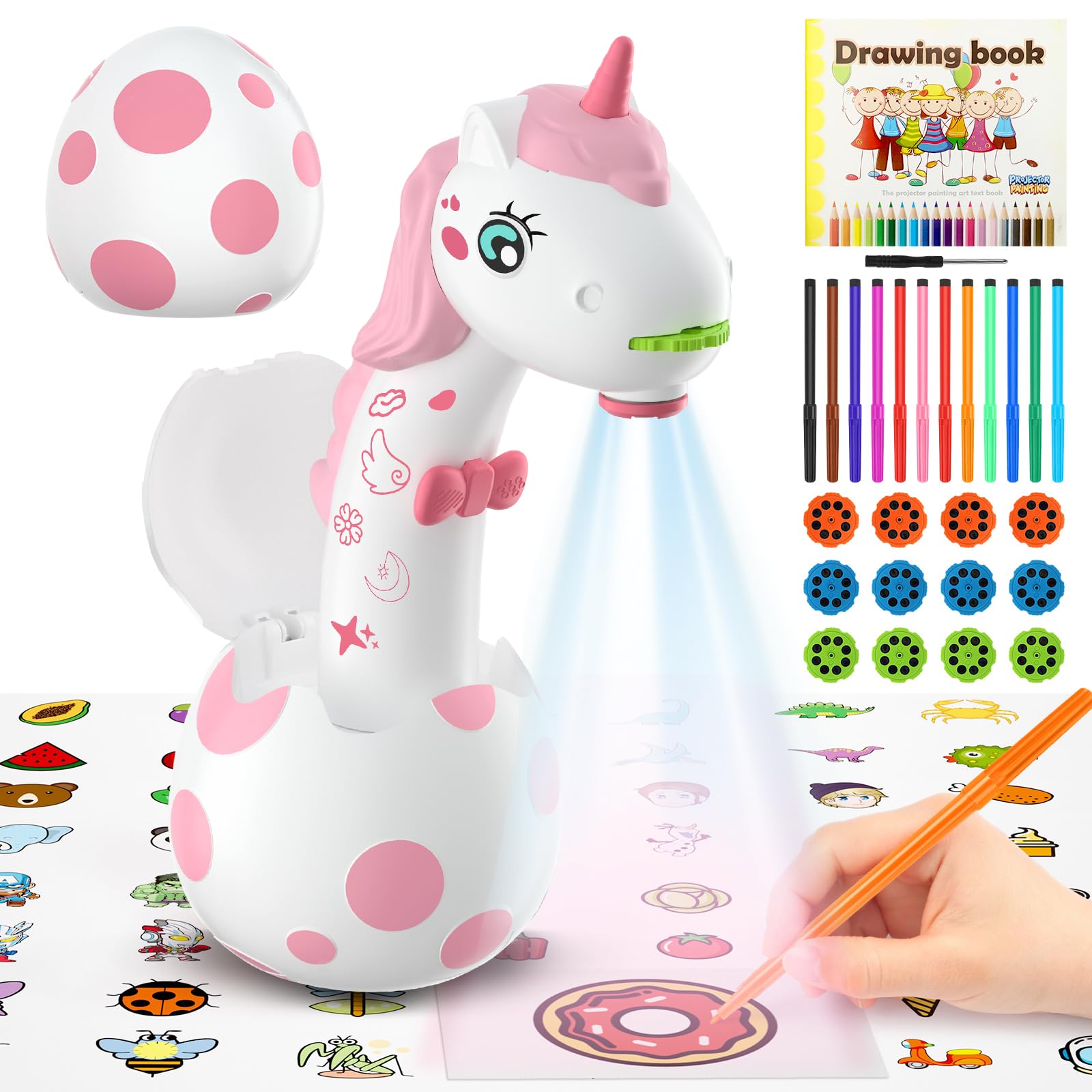 Proyector de dibujo de unicornio para edades de 5 a 7 años: proyector inteligente de dibujo y dibujo para niños con bonito aspecto de unicornio, 96 plantillas, juguetes para niños pequeños para 9
