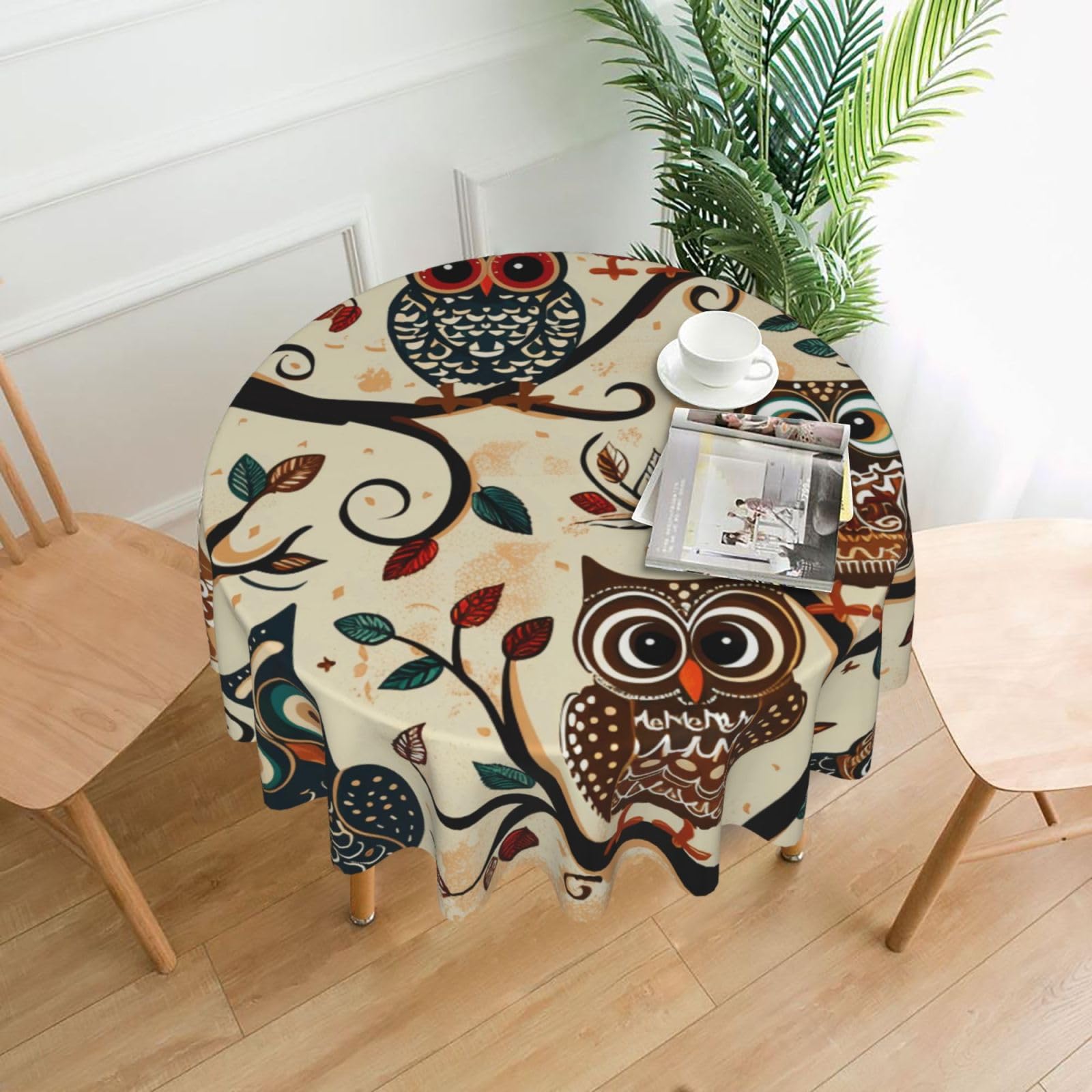 WPKJU Owls on Tree Branches Printed Round Tablecloth 60 in Water Resistant Table Cover Washable Table Cloth for Dining Tables