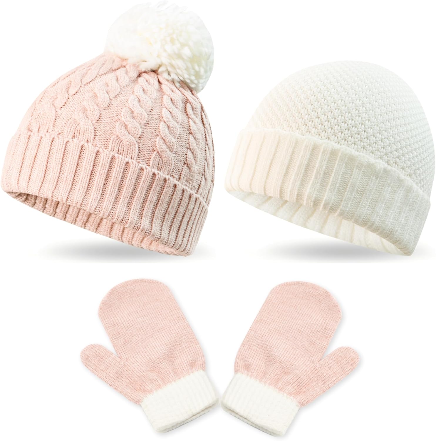 3 Pack Kids Winter Warm Beanie & Mittens Set, Soft Cable Knit Hat For Children's Toddler Baby, Cozy Girls Boys Cap & Gloves