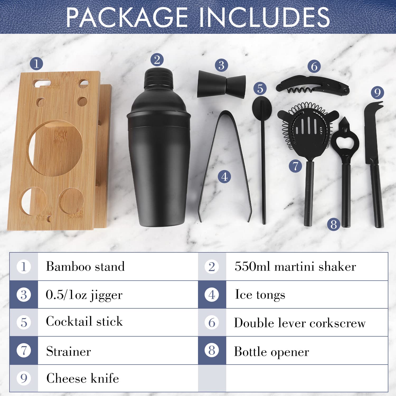 JNWINOG Juego de 9 cocteleras de coctelera kit de bartending bar cóctel bar set cóctel mezcla bebida kit profesional bar y hogar beber bar herramientas para camarero (negro mate)