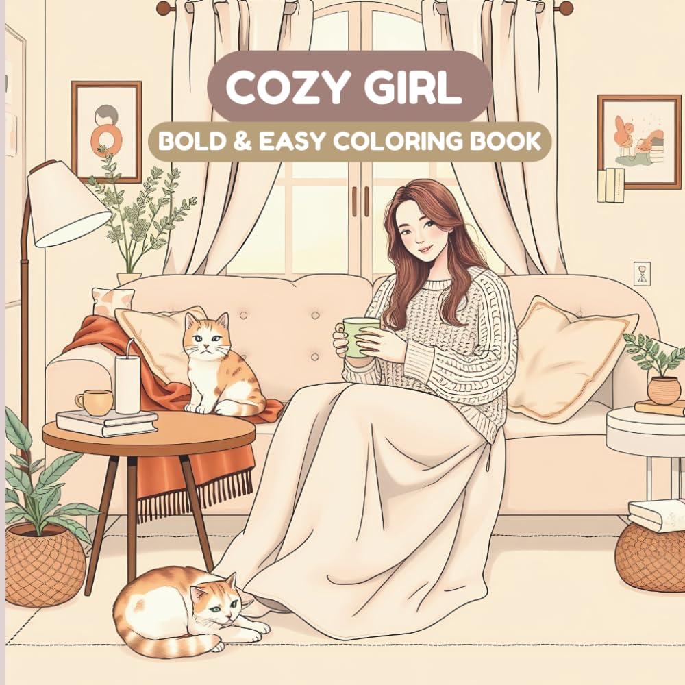 cozy girl coloring book: Bold and Easy Coloring Book for Adults and Teens Featuring Cute Daily Activities Big and Simple Cozy Lifestyle Scenes for Stress Relief and Relaxation