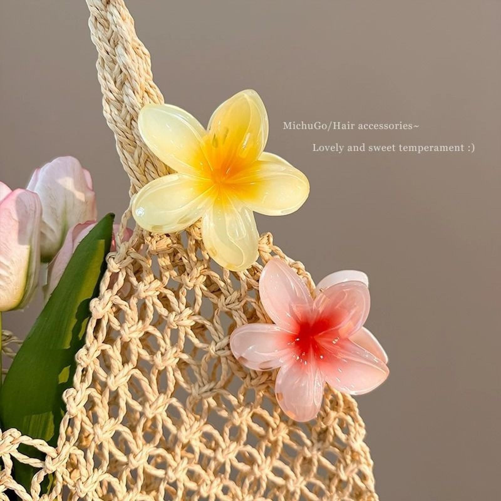 Aucuu 6 szt. antypoślizgowych klipsów do włosów z kwiatami, mocne trzymanie, hawajski klips, akrylowa spinka do włosów o średniej grubości, kwiat Plumeria, akcesoria do włosów hawajskich dla Kobiety